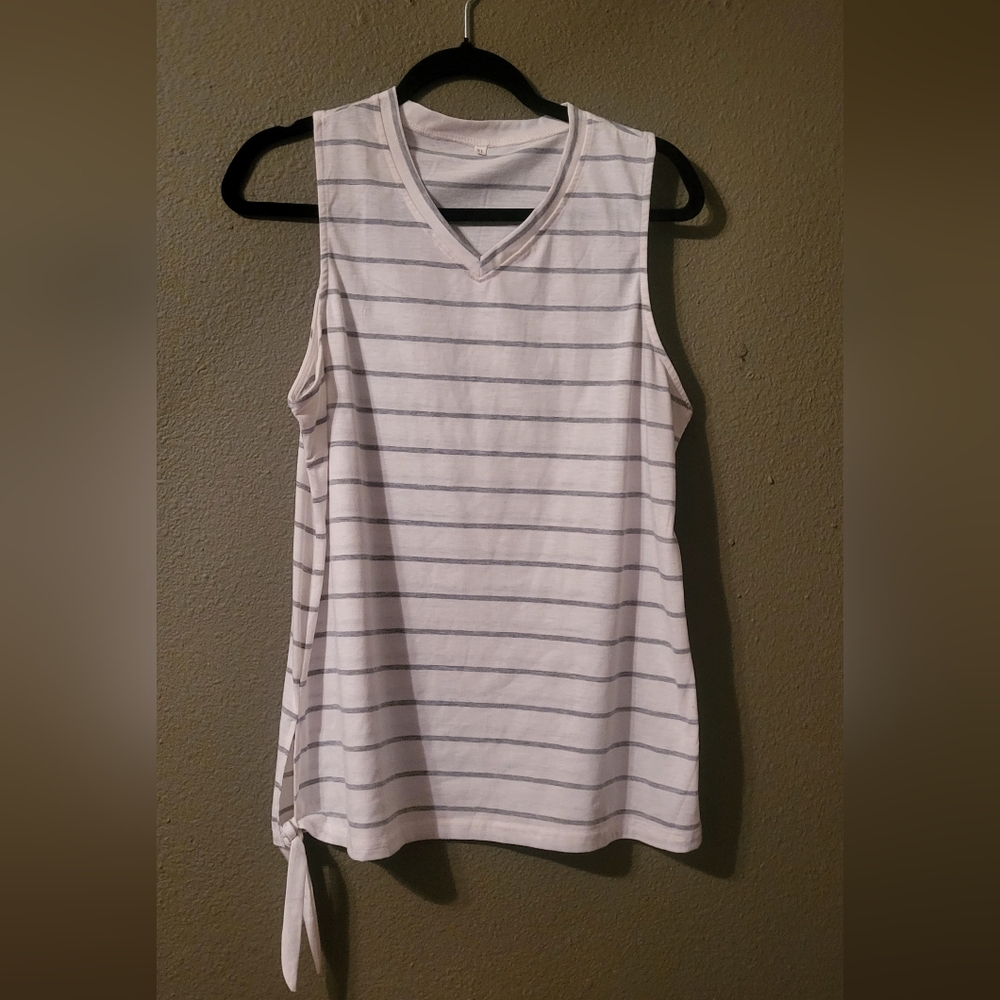 Grey striped sleeveless Top with Side tie